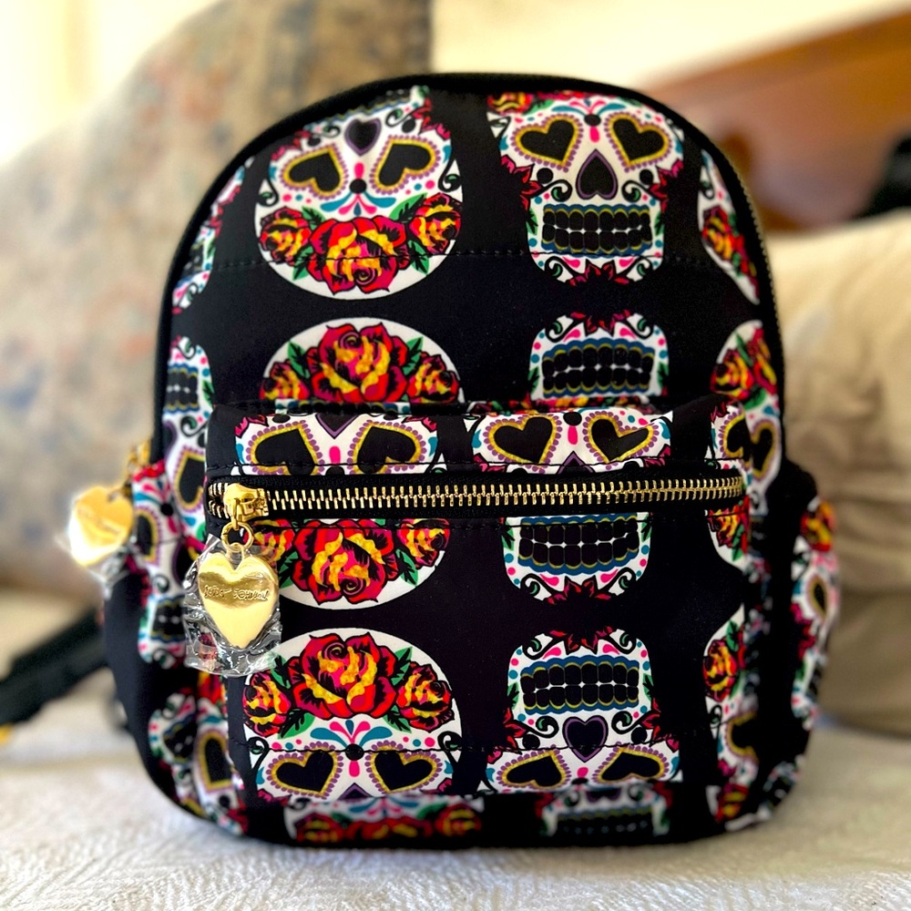 COPY - Betsy Johnson Sugar Skull Mini BackPack PROTECTIVE COVER STILL ON ZIPPER